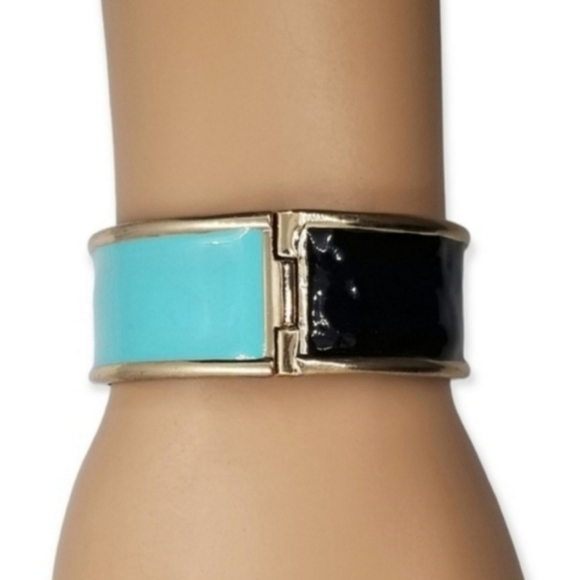Vintage Jewelry - VINTAGE BLACK & TEAL ENAMEL COLOR BLOCK HINGED BRACELET
